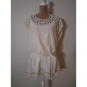 Authentic Icon Womens White Grommet Accented Cap Sleeve Belted Tunic Top Large